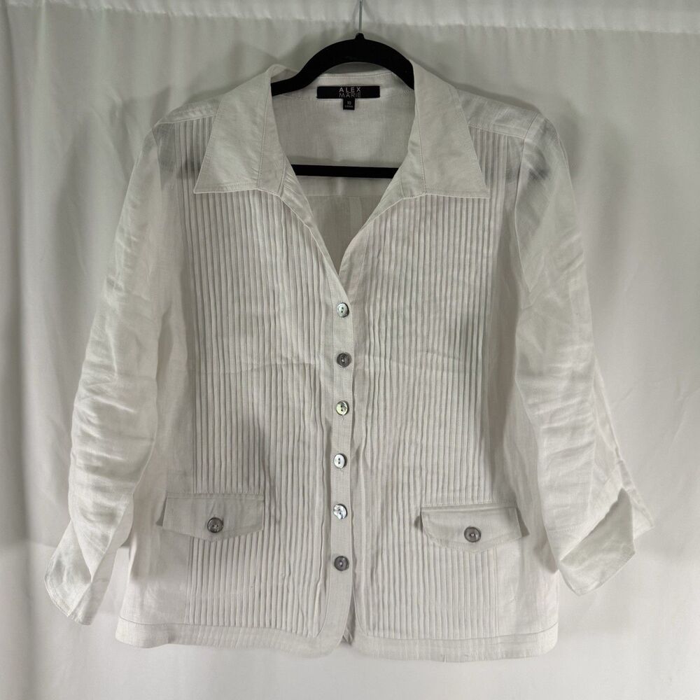 Alex Marie 100% Linen Blouse Women's 10 White 3/4 Sleeve V-Neck Pleated